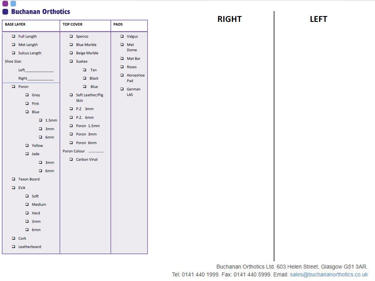 Order Forms and Charts | Buchanan Orthotics