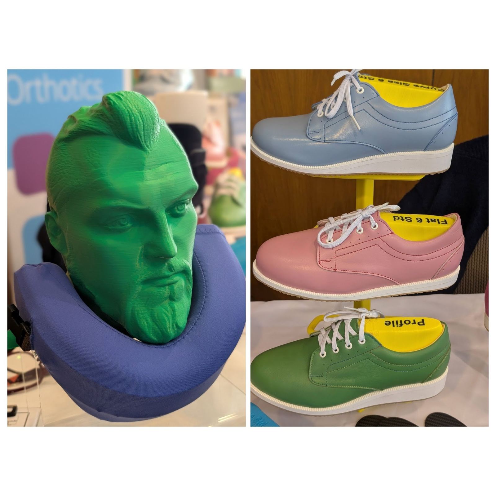 Orthotic collar, steprite shoes and 3d printed head
